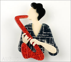 Lea Stein Saxophonist Brooch Pin Red Black Cream Front