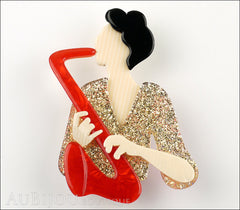 Lea Stein Saxophonist Brooch Pin Red Gold Cream Front
