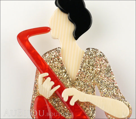 Lea Stein Saxophonist Brooch Pin Red Gold Cream Gallery