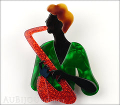 Lea Stein Saxophonist Brooch Pin Red Green Black Front