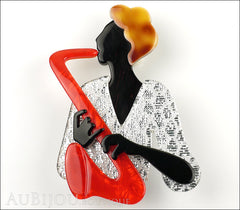 Lea Stein Saxophonist Brooch Pin Red Silver Black Front