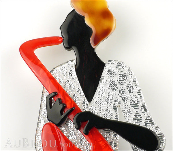 Lea Stein Saxophonist Brooch Pin Red Silver Black Gallery