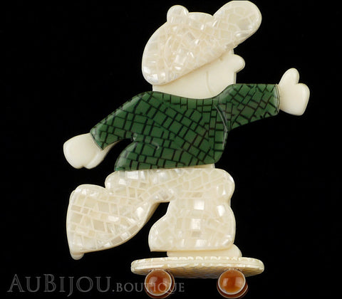 Lea Stein Skateboarder Boy Brooch Pin Pearly White Green Mesh Gallery