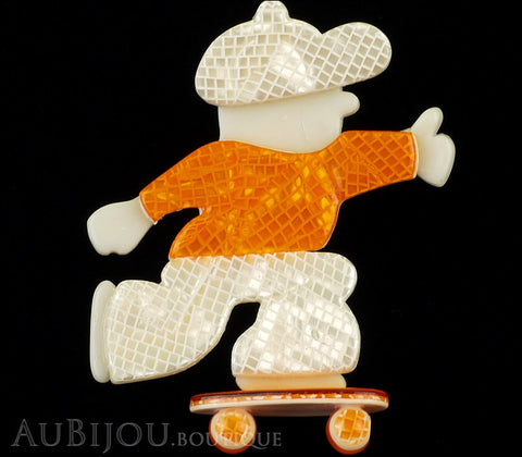 Lea Stein Skateboarder Boy Brooch Pin Pearly White Mesh Orange Gallery