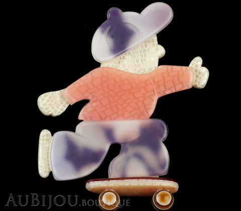 Lea Stein Skateboarder Boy Brooch Pin Pink Mesh Lavander Purple Gallery