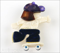Lea Stein Skateboarder Girl Brooch Pin Blue White Tortoise Purple Front