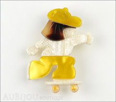 Lea Stein Skateboarder Girl Brooch Pin Pearly White Yellow Tortoise Front