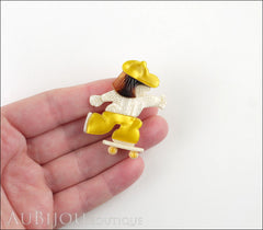 Lea Stein Skateboarder Girl Brooch Pin Pearly White Yellow Tortoise Model