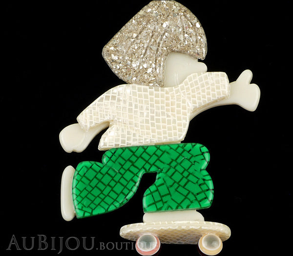 Lea Stein Skateboarder Girl Brooch Pin White Green Sparkly Silver Gallery