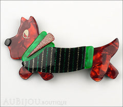 Lea Stein Socks Soknia Terrier Dog Brooch Pin Red Black Green Lurex Front