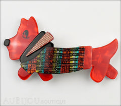 Lea Stein Socks Soknia Terrier Dog Brooch Pin Red Black Rainbow Lurex Front
