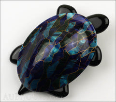 Lea Stein Turtle Brooch Pin Blue Green Mosaic Black Front
