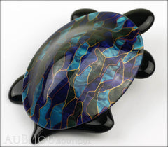 Lea Stein Turtle Brooch Pin Blue Green Mosaic Black Side