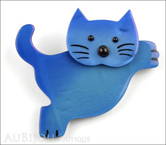 Marie-Christine Pavone Brooch Cat Leaping Blue Galalith Front