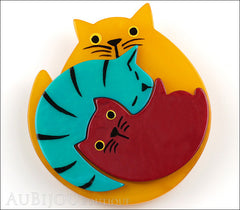 Marie-Christine Pavone Brooch Cat Puzzle Orange Burgundy Turquoise Galalith Front