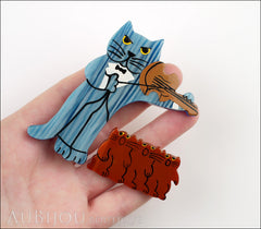 Marie-Christine Pavone Brooch Cat Violinist and Choir Blue Brown Galalith Model