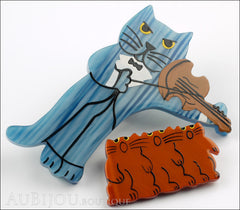 Marie-Christine Pavone Brooch Cat Violinist and Choir Blue Brown Galalith Side