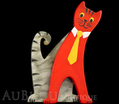 Marie-Christine Pavone Brooch Cat With Tie Grey Red Galalith Paris France Black