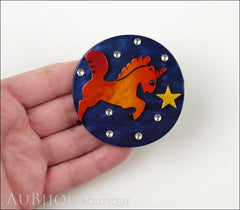 Marie-Christine Pavone Pin Brooch Unicorn Starry Night Blue Orange Galalith Model