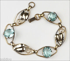 Vintage Sterling Gold Filled Aqua Aquamarine Blue Rhinestone Leaf Bracelet 1940's