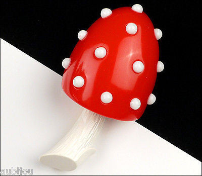 Vintage Crown Trifari Figural Enamel Red Lucite Mushroom Brooch Pin Toadstool