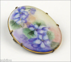 Vintage Porcelain Handpainted Floral Blue Violet Pansy Green Leaf Brooch Pin