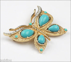 Vintage Trifari Figural Blue Faux Turquoise Butterfly Brooch Pin Set Insect 1960