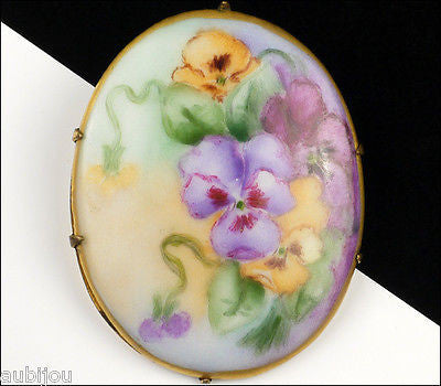 Vintage Porcelain Handpainted Floral Purple Pansy Violet Leaf Foliage Brooch Pin