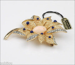 Vintage Crown Trifari Faux Angel Skin Coral Rhinestone Flower Brooch Pin 1960's