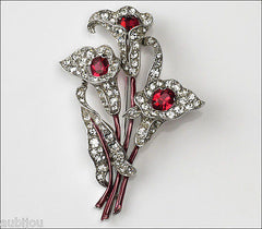 Vintage Trifari 1940's Ruby Red Pave Rhinestone Flower Calla Lily Brooch Pin Spaney
