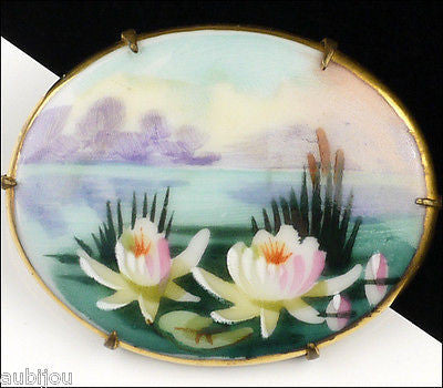 Vintage Porcelain Handpainted Floral Water Lily Cattail Tropical Deco Brooch Pin