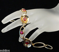 Vintage Simmons Gold Filled Gf Floral Red Rhinestone Flower Bracelet Art Deco