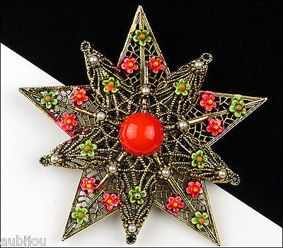 Vintage Signed Art Heraldic Red Enamel Floral Flower Star Filigree Brooch Pin