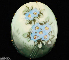 Vintage Porcelain Handpainted Blue Forget Me Not Flower Grass Brooch Pin 1920's