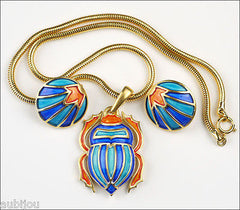Vintage Crown Trifari Egyptian Revival Enamel Scarab Beetle Pendant Necklace Set