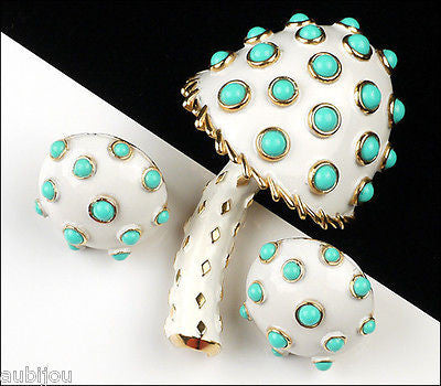 Vintage Crown Trifari White Enamel Turquoise Beads Mushroom Brooch Pin Set 1960's