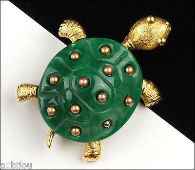 Vintage Crown Trifari Figural Dark Green Lucite Turtle Brooch Pin 1960's Reptile