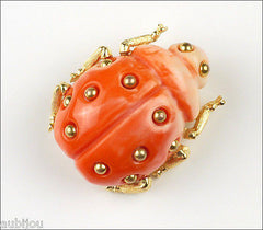 Vintage Trifari Figural Faux Coral Lucite Lady Bug Insect Beetle Brooch Pin 1960's