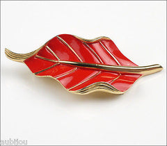 Vintage Crown Trifari Floral Red Enamel Leaf Brooch Pin Earrings Set Retro 1960S