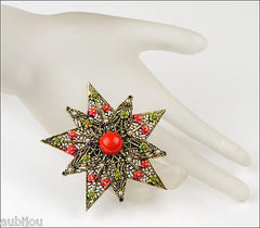 Vintage Signed Art Heraldic Red Enamel Floral Flower Star Filigree Brooch Pin