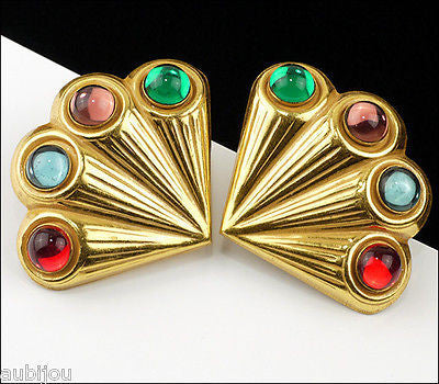 Vintage Signed Miriam Haskell Multi Color Glass Cabochon Fan Clip Earrings 1960's