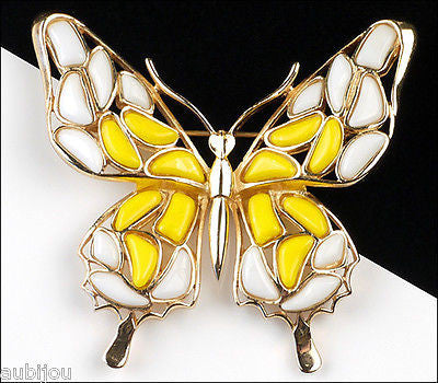 Vintage Trifari Figural White Yellow Mosaic Glass Butterfly Insect Brooch Pin 1960's