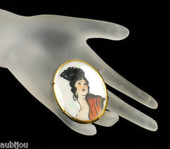 Antique Hand Painted Porcelain Portrait Miniature Spanish Girl Romani Brooch Pin