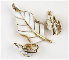 Vintage Crown Trifari Floral White Enamel Leaf Brooch Pin Set Earrings 1960's