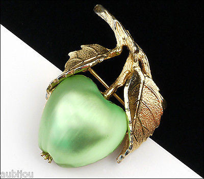 Vintage Napier Frosted Molded Glass Light Green Apple Brooch Pin Fruit Jewelry