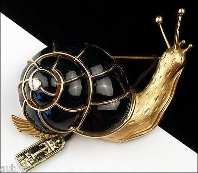 Vintage Crown Trifari 3D Figural Black Enamel Snail Brooch Pin 1960's Shell Slug