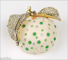 Vintage Nettie Rosenstein 3D Carved Bone Fruit Apple Jade Rhinestone Brooch Pin