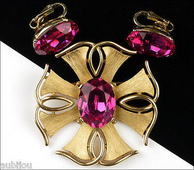 Vintage Trifari Heraldic Fuchsia Glass Rhinestone Cross Brooch Pin Set Earrings