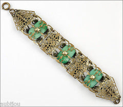 Antique Art Nouveau Czech Grape Green Peking Glass Cabochon Bracelet Victorian