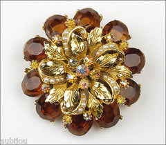 Vintage Signed Art Marked Openback Smoked Topaz Rhinestone Flower Brooch Pin 1960's